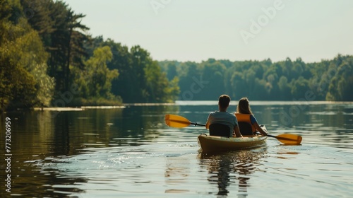 Having fun kayaking in a lake on a summer day, a young man pushes a canoe through the water while a woman sits on it. © Zaleman