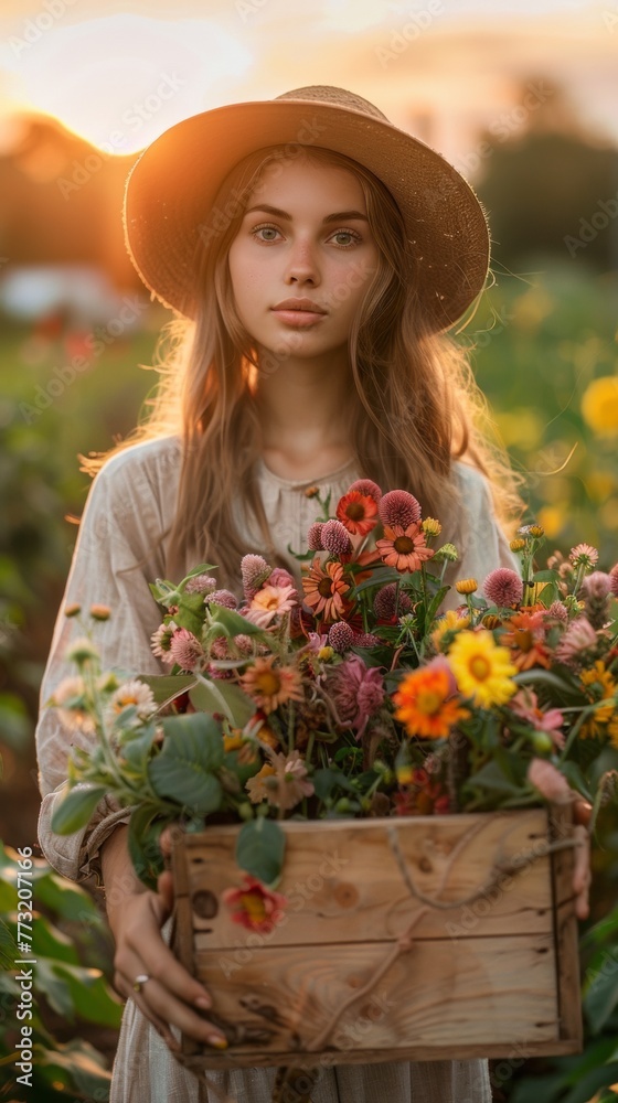 Fototapeta premium A woman holding a basket of flowers in a field