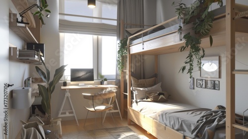 A bedroom with a bunk bed and a desk