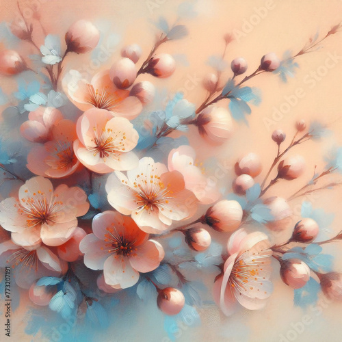 delicate spring flowers painted with oil paints on canvas in peach tones with blue tint