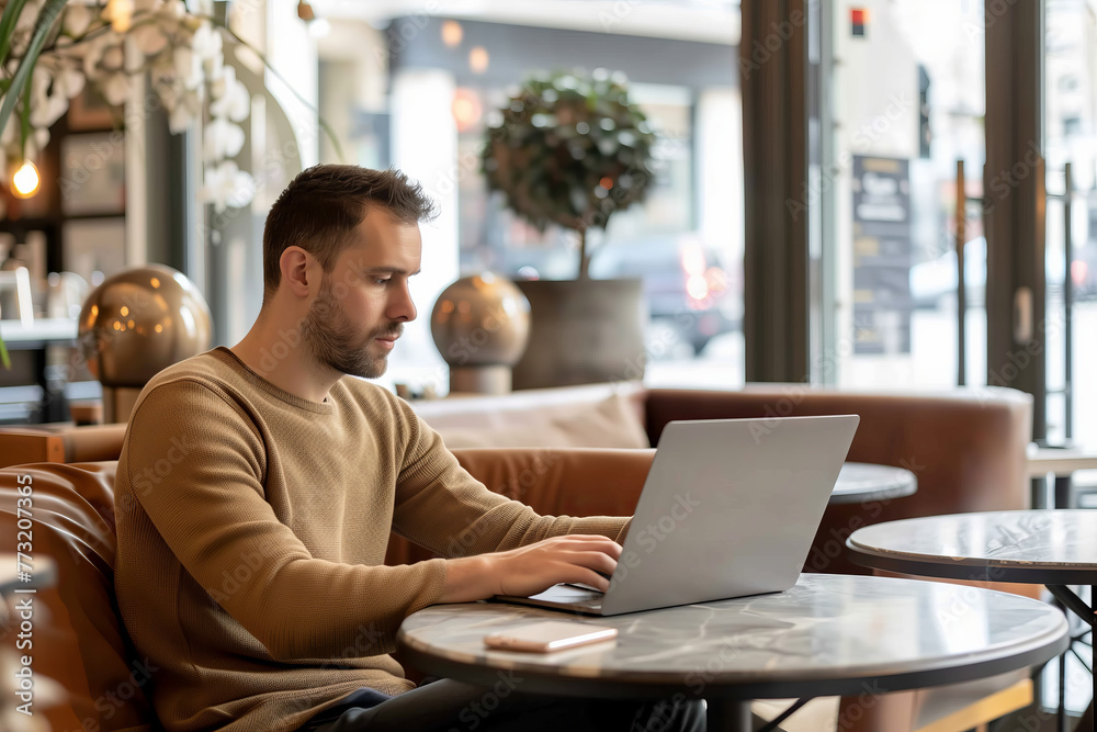 Happy man working online at a modern cafe with laptop Happy man working online at a modern cafe with laptop