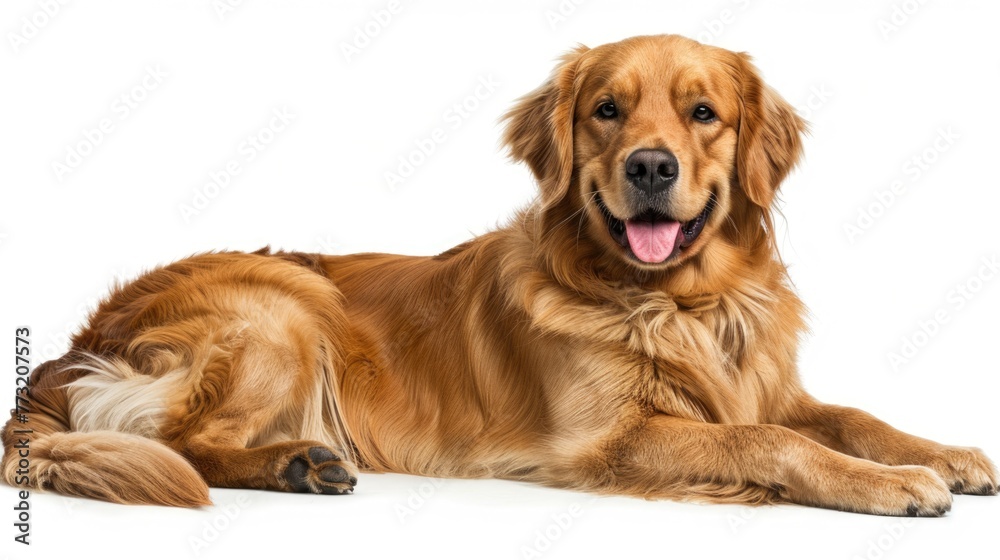 relaxing isolated golden retriever dog on white background. relaxing isolated golden retriever dog on white background.