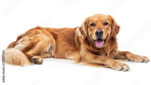 relaxing isolated golden retriever dog on white background.