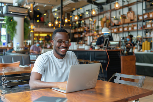 Happy man working online at a modern cafe with laptop