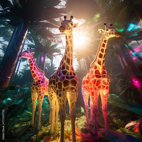 illustration of Five giraffes with colorful spots chase and play  Generative ai
