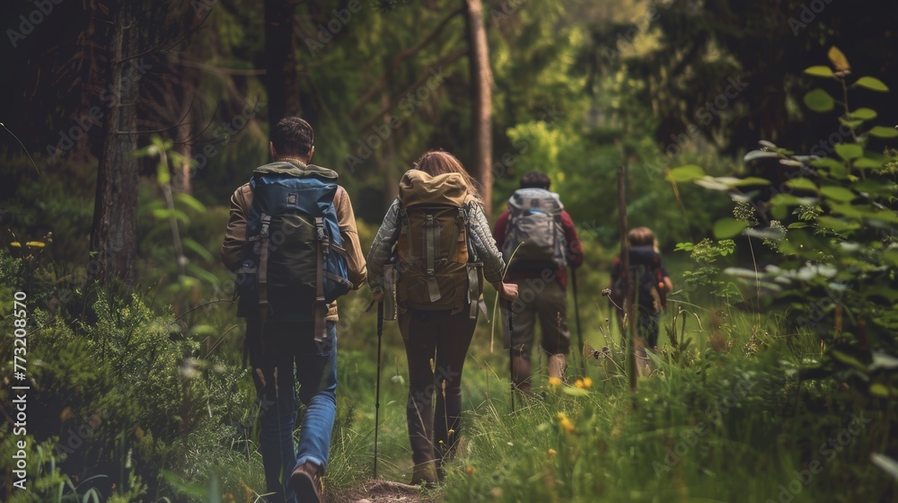 A group of friends walking with backpacks through the forest.