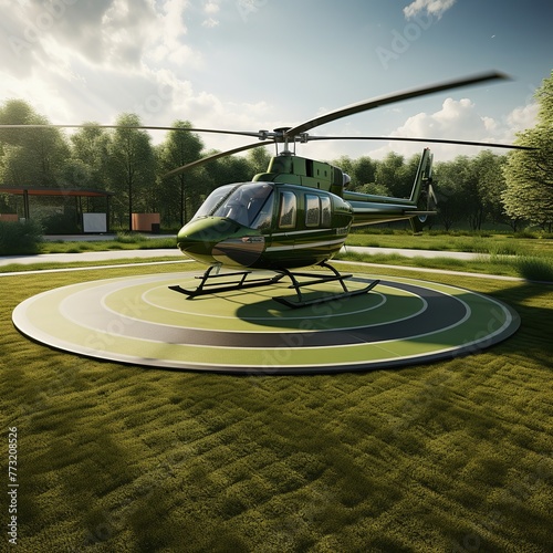 illustration of Helipad green grass village helicopter Canon, Generative ai