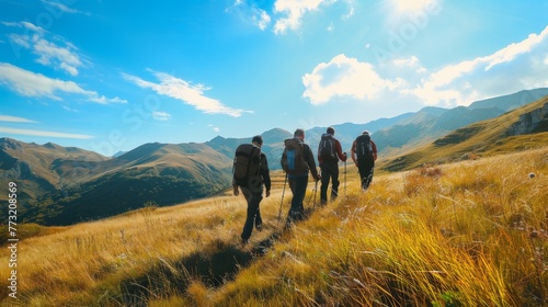 Traveling lifestyle in nature with friends, hiking in mountains, enjoying beautiful scenery. Traveling lifestyle with friends in nature, enjoying the wildness of nature. © Zaleman