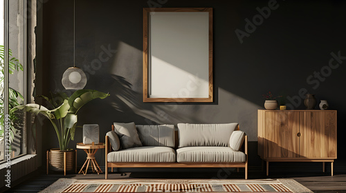Design d'intérieur japonais moderne : un salon sophistiqué doté d'un canapé du milieu du siècle et d'une armoire en bois contre un mur sombre, agrémenté d'œuvres d'art photo