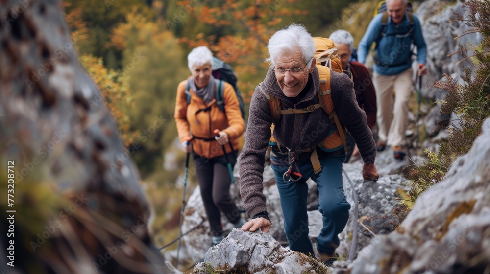 An active lifestyle group of seniors climbing rocks outdoors in nature with an instructor. - obrazy, fototapety, plakaty 