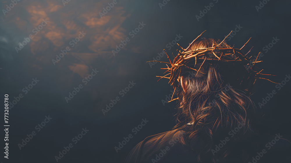 Back view of Jesus Christ in the crown of thorns - obrazy, fototapety, plakaty 