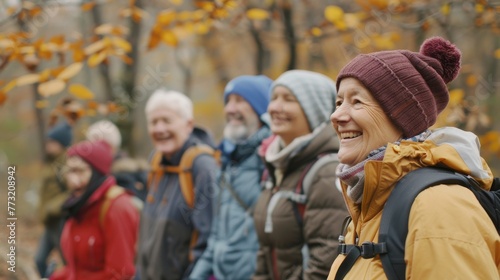 In the park, walking and walking with nature, exercise group trekking in Boston. Diversity, friends and happiness with a walk with nature, active lifestyle motivation and senior citizens.