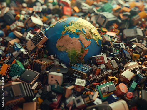 Old electronic devices on the world globe. E waste and recycling concept