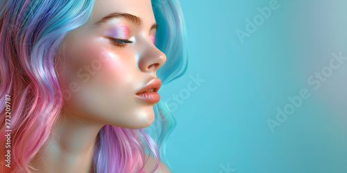 Woman with pink, blue, and purple hair on the blue background with copy space.