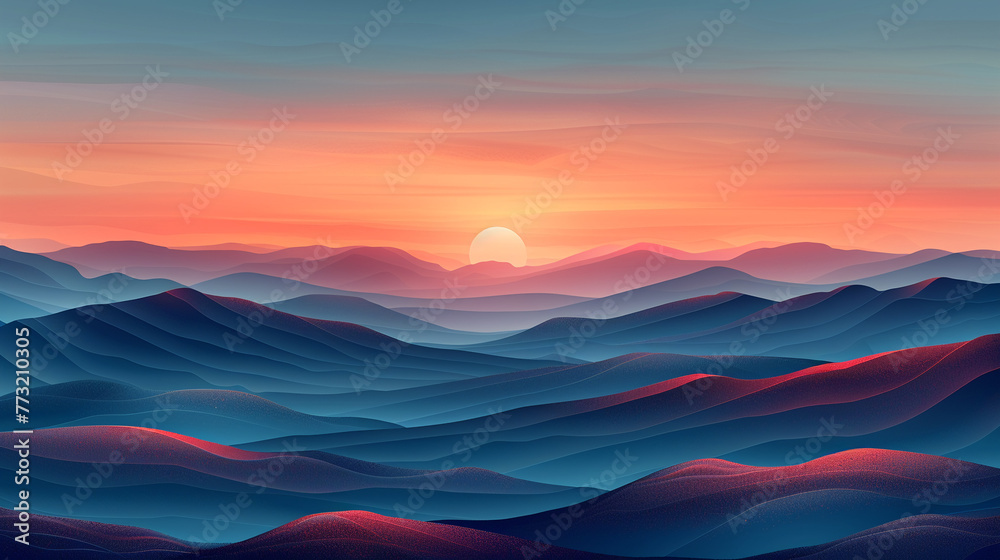 Dynamic vector landscape, rolling hills and serene sky, in a modern illustration style, suitable for vibrant travel brochures.
