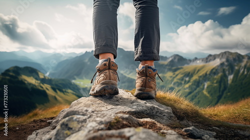 Closeup of feet from a woman with hiking shoes. Women hiking at sunset mountains with heavy backpack Travel Lifestyle wanderlust adventure concept summer vacations outdoor alone into the wild