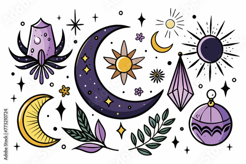 Hand-drawn mystical moon collection white background.