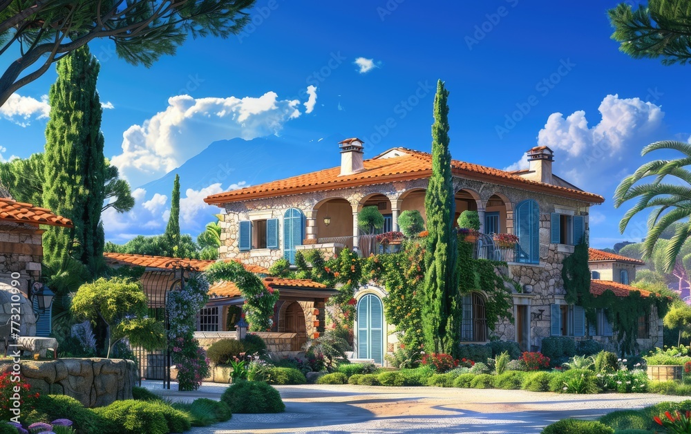 Enchanting Mediterranean Villa Ambiance, Terrace Bliss, Radiant Mediterranean Villa Grace,Terrace Harmony Generative Ai