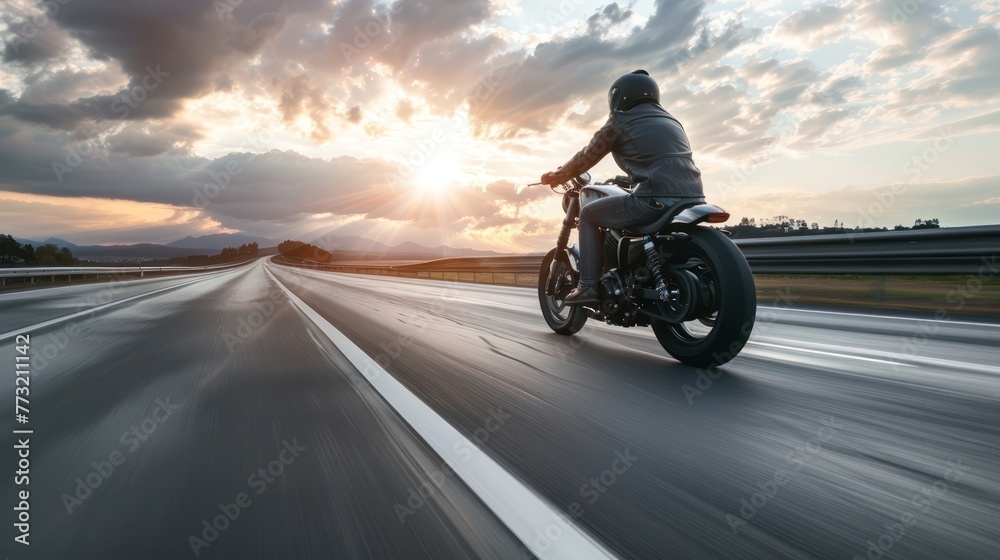 A motorcycle rider cruising along an open highway. 
