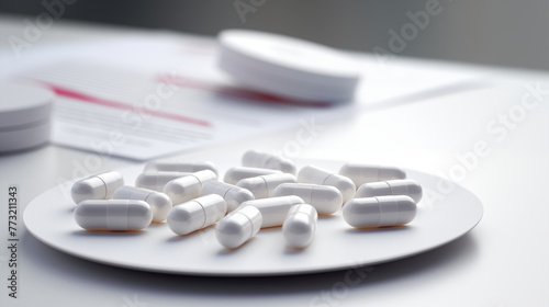 Pills, capsules, vitamins and natural organic food supplements on white plate on light background. Minimal modern pharmacy or health care concept.