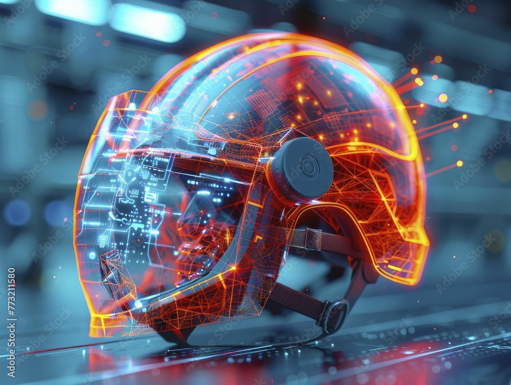 Abstract drawing of a safety helmet with augmented reality displays, on ...