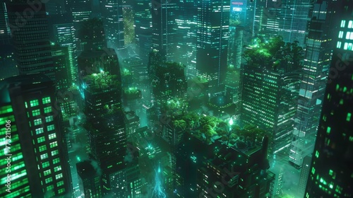 Futuristic City at Night With Green Lights