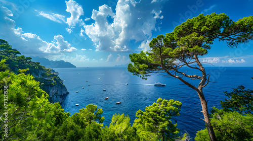 Panorama époustouflant : un paysage marin vibrant mettant en vedette Capri au loin, flanqué de pins verts luxuriants et d'eaux azur avec des nuages à la dérive