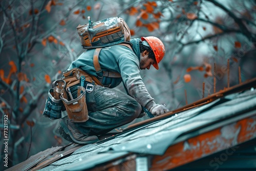 a man wearing a helmet and carrying a backpack working on a roof