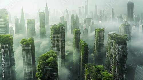 Futuristic City Emerging From Foggy Sky