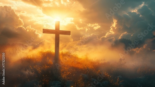 Holy cross the symbol of death and resurrection of Jesus Christ with dramatic sunset.