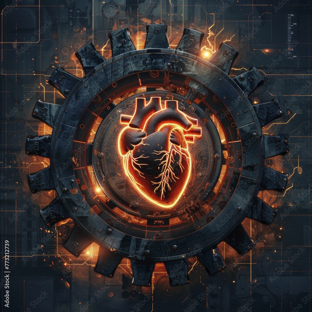 A digital heart nestled in an industrial cogwheel promotes heart health tech for industrial workers.