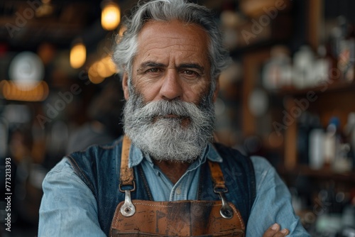 Portrait of a Proud senior male barber shop owner photo