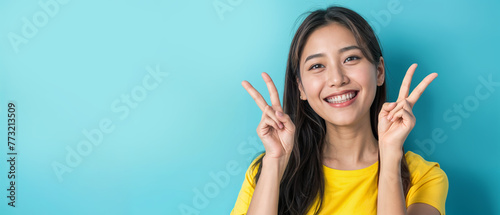 portrait of woman posing with peace hand sign on color background, generative ai