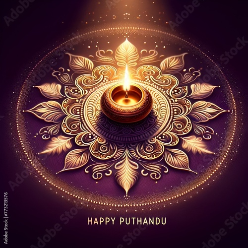 Happy puthandu card illustration with oil lamp on rangoli design.