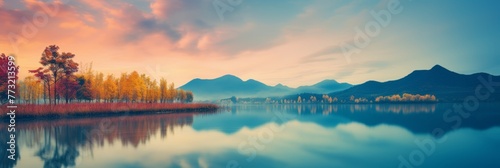 Picturesque sunset view of mountains and lake in nature, ideal for banner advertisement