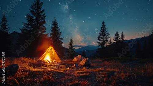 Tent glowing at night in a remote camping spot under a star-filled sky in the wilderness.