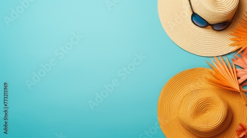 Top view of straw hats, sunglasses, beach accessories on a light blue background with a copy space. Summer, Travel, Vacation concepts. A horizontal platform for text and advertising.