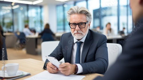 Serious businessman with beard and glasses at negotiation table in business attire
