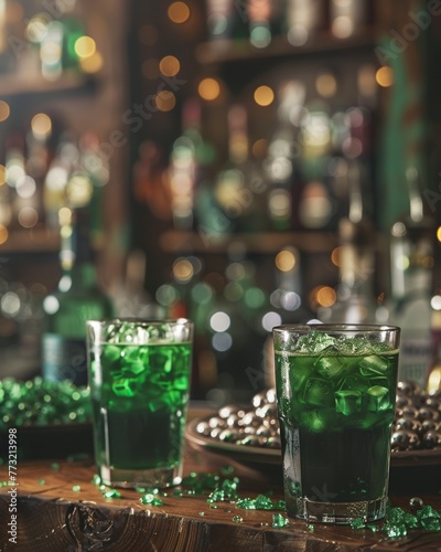 A festive cocktail bar serving green drinks and Irish stout in celebration of Saint Patrick s Day
