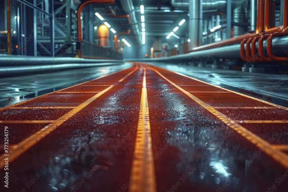 Stylized image of a running track winding through a factory, on an employee fitness background, concept for encouraging physical health in the manufacturing sector. - obrazy, fototapety, plakaty 