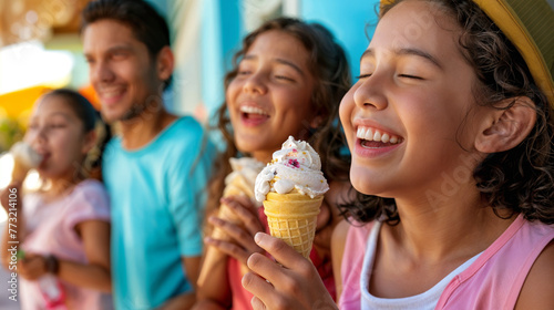 portrait of cheerful family eating ice cream during vacation, generative ai