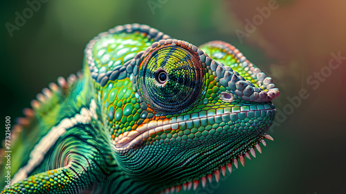 Green colored chameleon close up. 