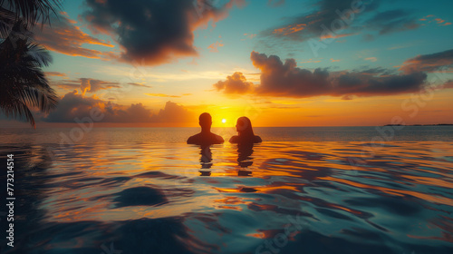 beach travel, couple relaxing on tropical beach at sunset in hotel, vacation and tourism. © Wasin Arsasoi