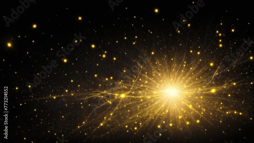 Asymmetric Black light burst, rays of lights on dark Maroon background with the color of yellow, golden sparkling and bokeh