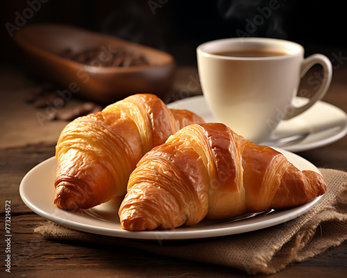 Freshly baked croissant paired with a cup of cappuccino on a minimalistic grey backdrop, a classic breakfast setup. Generative AI