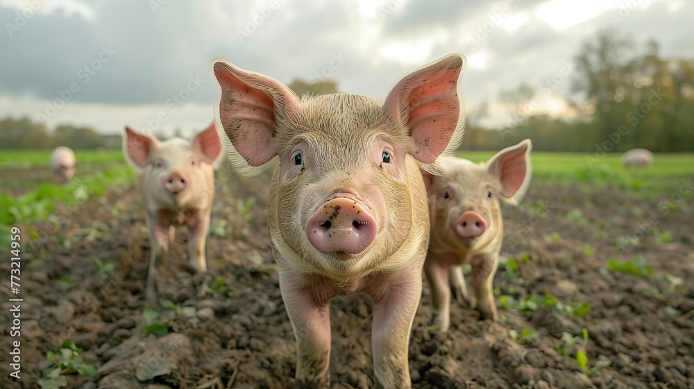 Majestic pigs in the foreground, a bustling farmyard scene unfolding in the backdrop