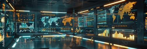 An AI-driven gold analysis lab, where artificial intelligence predicts gold market trends, displayed on multiple high-tech screens