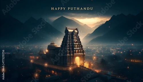 Realistic illustration of a traditional indian temple tower at dusk during puthandu celebration. photo
