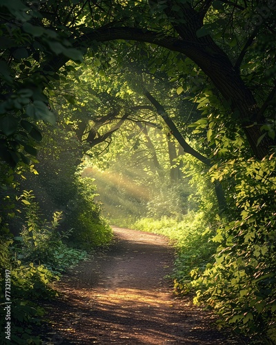 Pathway embraced by lush woods, where gentle sunbeams dance between leaves