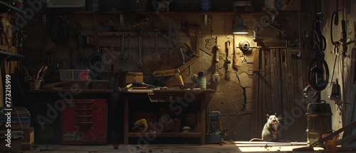 Nighttime in a garage, a mouse outsmarts the cat among old tools and shadows, creating a suspenseful mood photo